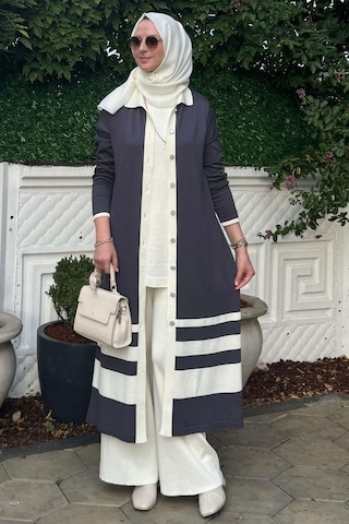 İmge Çizgili Triko Hırka Antrasit Çok Renkli