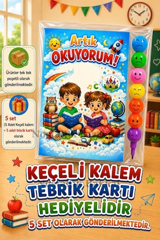 5 Set Yeni Okumayı Öğrenen Öğrencilere Hediye Artık Okuyorum Yazılı 1. Sınıf Hatırası Keçeli Kalem Tebrik Kartı Hediyeli