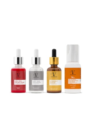 Vitanova Aha-Bha Peeling Serum 30 ML + Dark Spot Serum 30 ML + Vitamin C serum 30 ML + Leke Karşıtı Güneş Kremi SPF50+ 50 ML