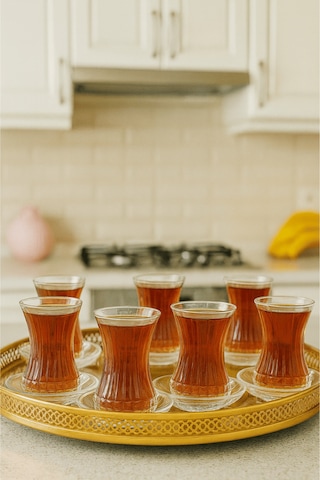 12 Parça Bakara Dekor Kesme Çay Seti - Özel Yapım Çay Bardak Tabak Şeffaf