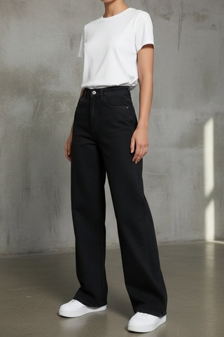 Woddi Heaven Kadın Yüksek Bel Siyah Salaş Wide Leg Jeans Geniş Paça Palazzo Kot Pantolon