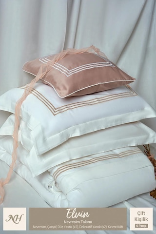 Nazik Saten Nevresim Takımı Çift Kişilik Biyeli Elvin Gri Krem