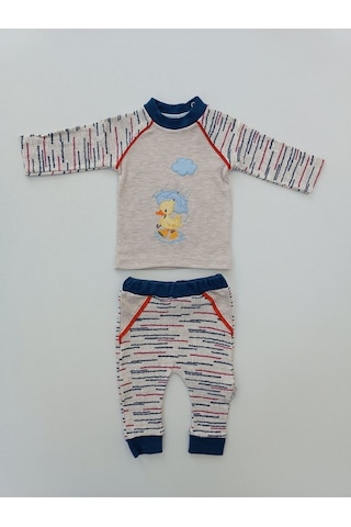 %100 Pamuklu Erkek Bebek / Çocuk 2'li Takım - Ördek Nakışlı & Mevsimlik Alt Üst Takım Gri