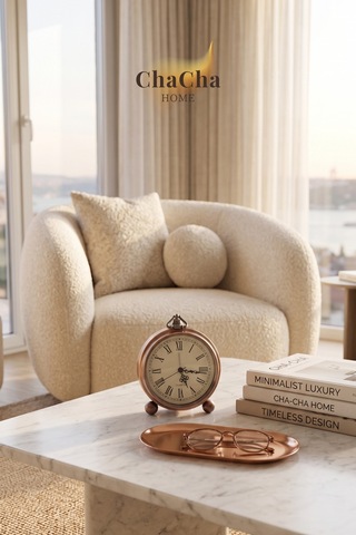 Chacha Home Serene Bell Vintage Metal Çalar Saat & Premium Masaüstü Dekoratif Obje 16x14 Cm Bakır