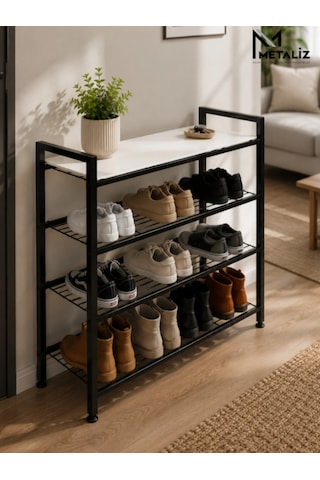 Loft 4 Katlı Siyah Metal Ayakkabılık, Ahşap Mdf Tablalı, Çok Amaçlı Ayakkabı Düzenleyici, 77x30x70 Cm