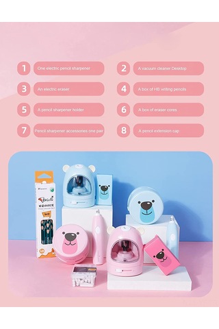 Yifomall Öğrenci Elektronik Ofis Seti: Otomatik Kalem Kesici, Silgi Ve Masa Süpürgesi - Pembe Plastik