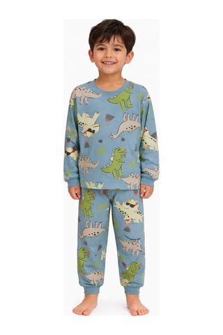 Mini Stella Kids Mavi Dinozor Desenli Erkek Çocuk Pijama Takımı