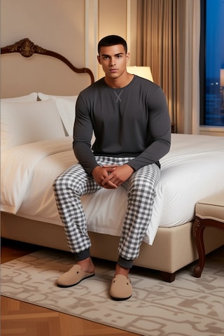 Frm Erkek Kışlık Ekose Desenli Pijama Takımı Bisiklet Yaka Fonksiyone Antrasit
