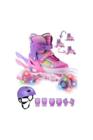 Yıldız Gökkuşağı Işıklı Kız Çocuk Pateni Kask Ve Dizlik Seti Silikon Teker Ayarlanabilir Taşıma Mor