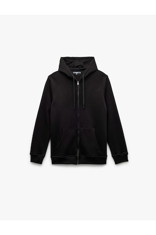 Koton Şardonlu Regular Fit Kapüşonlu Fermuarlı Uzun Kollu Kanguru Cepli Sweatshirt Siyah 7wam70004mk