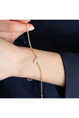 Vaoov 925 Ayar Gümüş Gurmet Zincirli Taşlı Harf Bileklik Altın