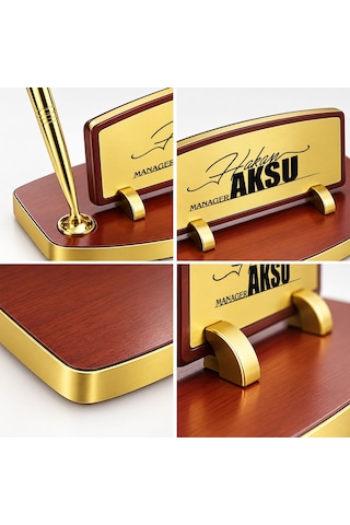 Bk Gift Kişiye Özel Kalemli Ahşap Masa İsimliği Gold Plakalı Bk26 -4 Çok Renkli