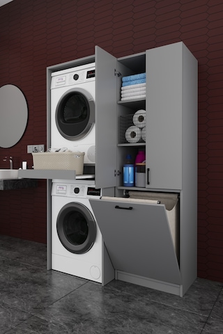 Çamaşır Makinesi Banyo Dolabı Takımı Sepetli %100 Mdf Çekmeceli Çok Amaçlı Kurutma Dolabı Bt01 Kül Gri