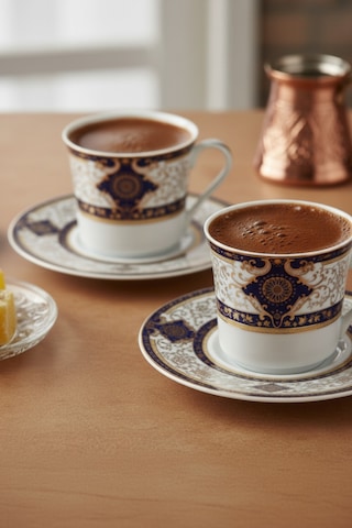 2'li Lacivert Altın Yaldızlı Saray Porselen Kahve Fincan Takımı Beyaz