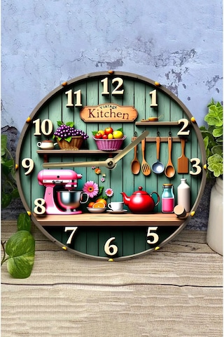 Vintage Kitchen Temalı Mdf Duvar Saati 33 Cm 3d Görünümlü Uv Baskılı Sdw350 Renkli