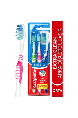 Colgate Extra Clean Dil Temizleyicili Arka Dişlere Uzanan Orta Diş Fırçası 3'lü Ekonomik Pake