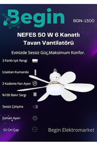 Begin 50w 6 Kanatlı Tavan Vantilatör Led Işıklı Uzaktan Kumandalı