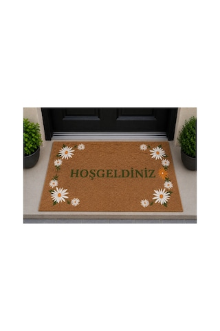 Kapı Önü Paspası Kaymaz Ağır Tabanlı Kenar Papatya Hoş Geldiniz Desen Dekoratif , Kolay Temizlenir 45x70 Cm Kod T11 Kahverengi