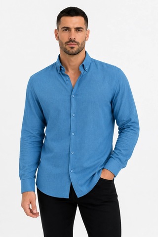 Wear Vexel Erkek Keten Kumaş Uzun Kollu Regular Fit Gömlek - Petrol Çok Renkli
