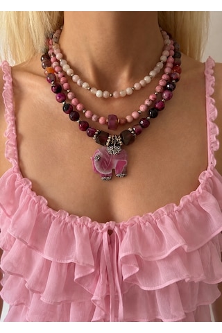 El Yapımı Pembe Opal, Rodonit & Pembe Akik Doğal Taş Kolye Seti