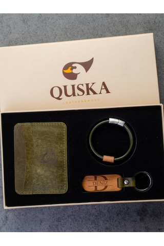 Quska Kişiye Özel İsimli El Yapımı Hakiki Deri Yeşil Kartlık+anahtarlık+bileklik Set - Grain Minimal Yeşil