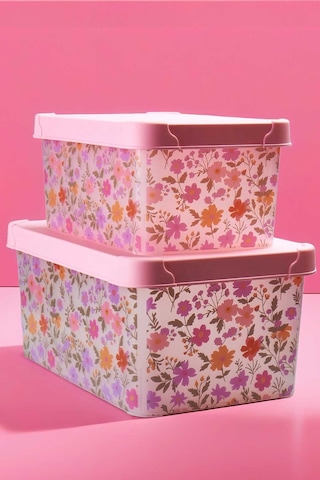 Style Box Flowers Çiçek Desenli Dekoratif Oyuncak Ve Saklama Şeffaf Kutu Seti- 5 Ve 10 L Pembe