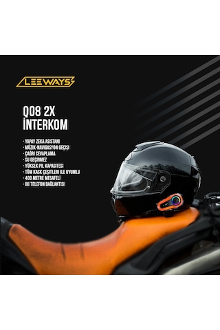 Leeways Q08 2x 1000m Telsiz Mesafeli Özellikli 2 Kişi Bağlantılı Bluetooth Kask Kulaklık Ekranlı Fenerli Interkom