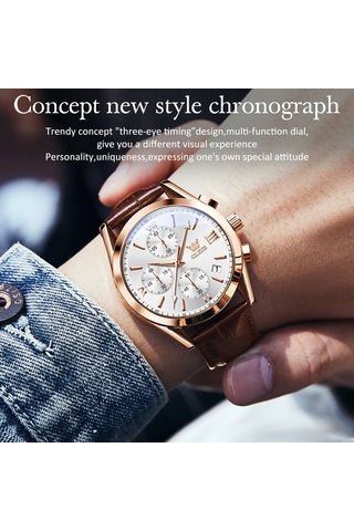 Olevs 2872 Erkekler Üç Göz Altı İğne Kronograf Su Geçirmez Kuvars Saat Beyaz + Gül Altın