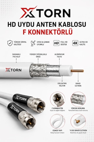 Torn Hd Uydu Anten Kablosu 50 Metre F Konnektörlü Full Hd 4k Tv Kablosu