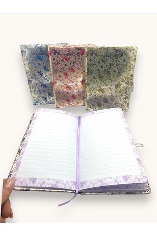 Parlak Çiçekler Hatıra Defteri Günlük Kilitli Defter 80 Yaprak -mor
