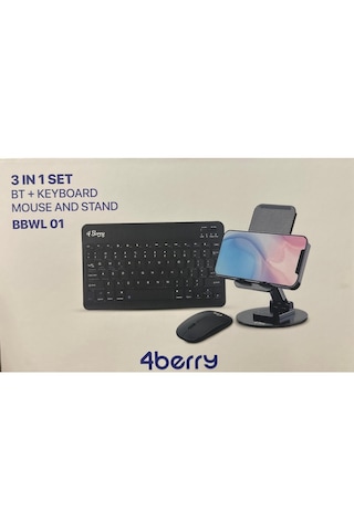 4berry 3 Lü Set Bluetooth Klavye + Kablosuz Mouse + Telefon/tablet Standı Taşınabilir Ve Şık Tasarım Optik