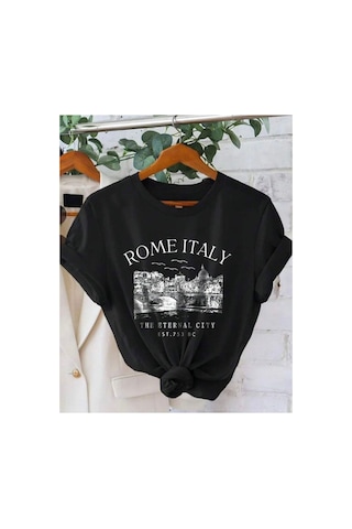 Medinenur Rome Italy Desen Baskılı Basic T-shirt Siyah