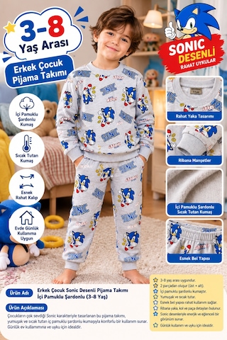 Üç Gül Ticaret Erkek Çocuk 3-8 Yaş Sonic Desenli Pijama Takımı İçi Pamuklu Şardonlu Gri
