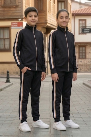 Pina Kids Erkek Çocuk Dik Yaka Üç Şeritli Şardonlu Dalgıç Eşofman Takımı Bej - Siyah
