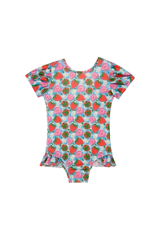 Uv Korumalı Kısa Kollu Tulum Kız Bebek Yüzücü Mayo Çilek Desen 5109 Mavi Mavi