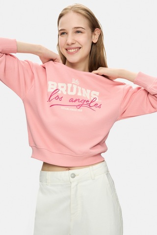 Ucla Mello Pembe Bisiklet Yaka Crop Baskılı Loose Fit Kadın Sweatshirt Pembe
