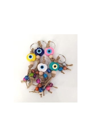 5 Adet Anahtarlık Karışık Renkli Kötü Göz Kovucu Nazar Hand Made Hasır Renkli Ahşap Boncuklu Nazarlık Çanta Araba Süsü