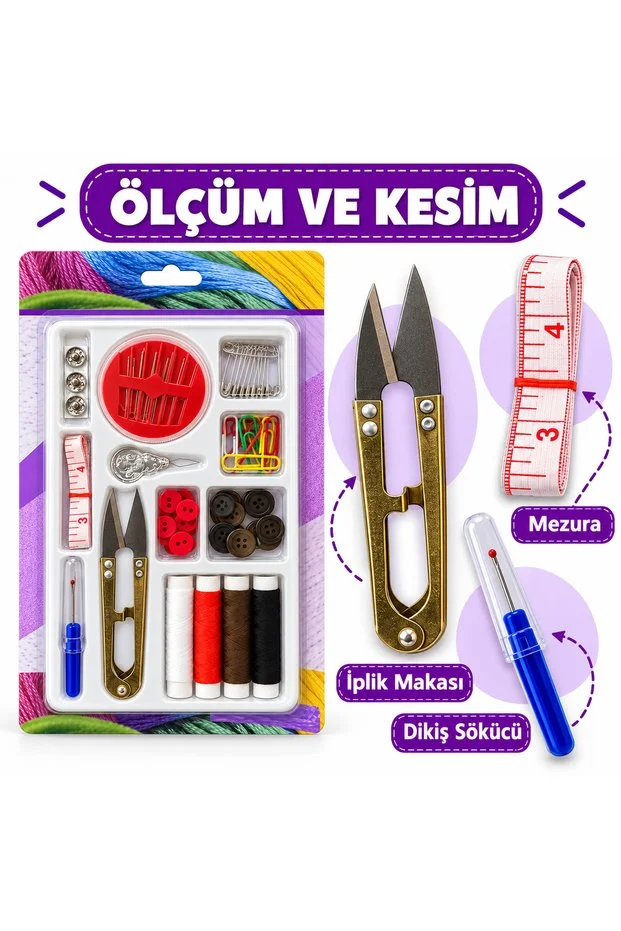 Çok Parçalı Dikiş Seti 4 Renk İplik İğne Makas Mezura Düğme Çengelli İğne Tamir Seti