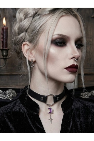 Ay Yıldız Detaylı Choker Kolye Kadın Gotik Boyunluk Kolye Alternatif Moda Yaka Kolyesi Punk Ve Cosplay Aksesuarı Gri