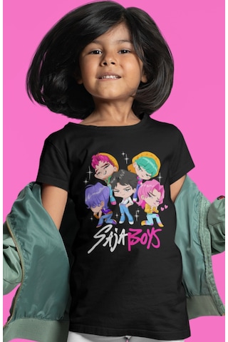 Sevbano Saja Boys Kpop Demon Hunters Müzik Grubu Baskılı Unisex Çocuk Tiş Siyah