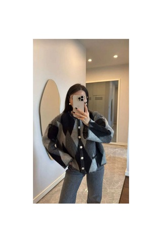 Flex Fashıon Kadın Popüler Oversize Cepsiz Tüylü Baklava Desenli Trend Hırka Gri - 671847464 Gri - 671847464 Gri