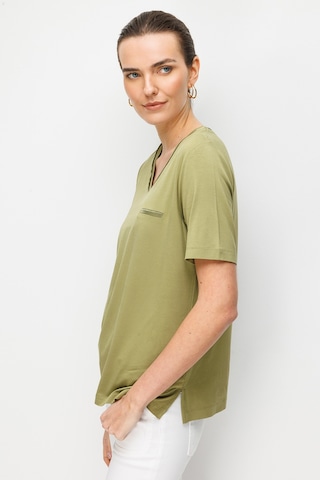 Desen Triko Kadın V Yaka Cebi Saten Şeritli Penye T-shirt 26828 Yeşil Yeşil