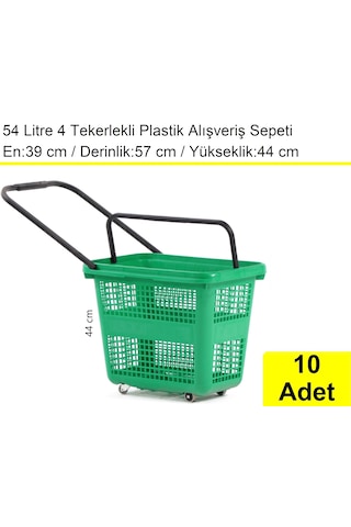 4 Tekerlek Plastik Alışveriş El Sepeti 54 Litre Yeşil 10 Adet / En:42 Boy:54 Yükseklik:44 Cm