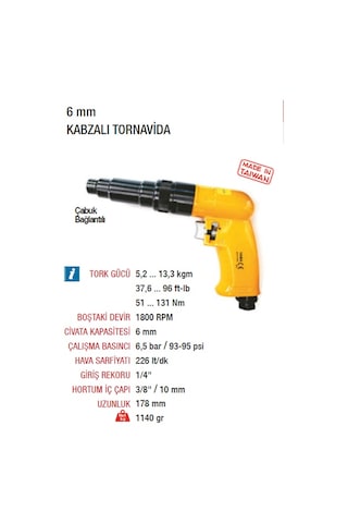 Yama At4086 Havalı Tornavida 6 MM Kabzalı Tip 1800 Devir