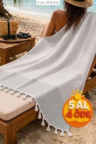 Calmera Çizgili Peştemal Pamuk - Doğal Saçaklı Plaj, Deniz, Havuz, Spa, Sauna, Spor, Seyahat Havlu Gri