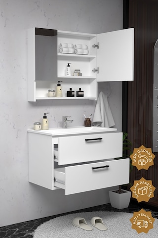 Teta Home Batum 80 Cm Mdf Banyo Dolabı Seti Beyaz Beyaz