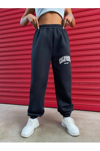 California West Coast Eşofman Altı Jogger - Siyah Baskılı Lastik Paça Yüksel Bel Siyah