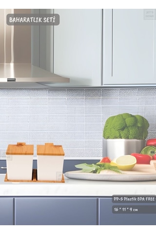 2 Li Bambu Renk Baharatlık Seti Plastik Kaşıklı Baharatlık Bpa Free Ahşap