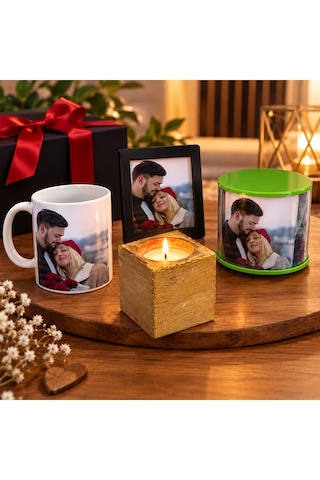 Kişiye Özel Hediye Seti-fotoğraflı Kupa Bardak-fotoğraf Çerçevesi-dönen Silindir Fotoğraf Çerçevesi-altın Gold Mum 1set