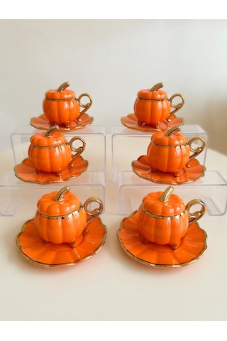 6 Lı Pumpkin Balkabağı Desenli Fincan Takımı - Kapaklı Ve Ayaklı Model Turuncu